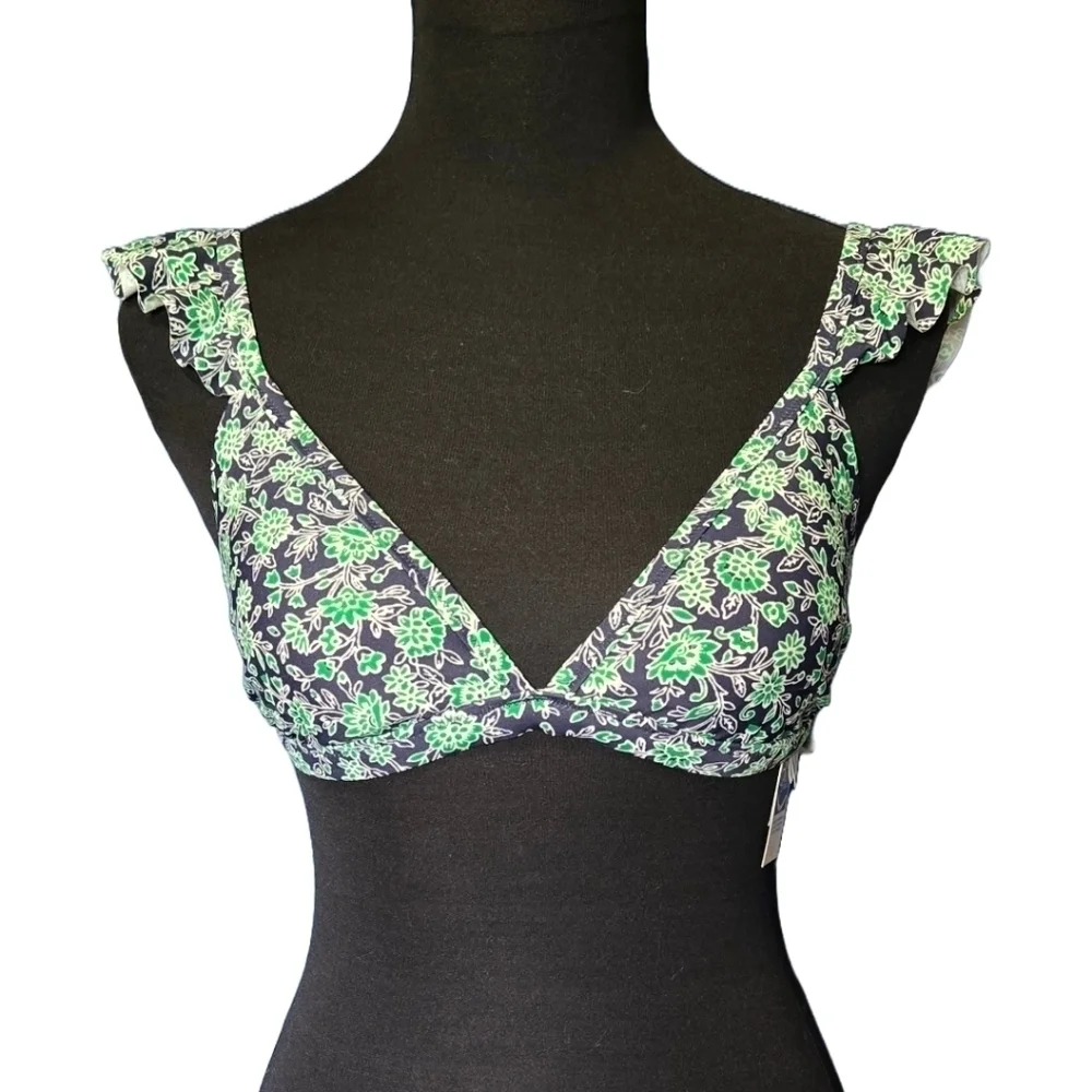 J.Crew Floral Ruffle Shoulder Bikini Top Navy Green Size Small NWT Swimwear Swim